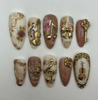 Summer Press On Nails Music 3D Handmade Nails Custom Fake Glue On Nails Kawaii Violin Harp Music Note Key Bow Rose Vintage Antique Luxury