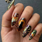 Handmade Stained Glass Black Cat Nails, Spooky Halloween Mosaic False Nails