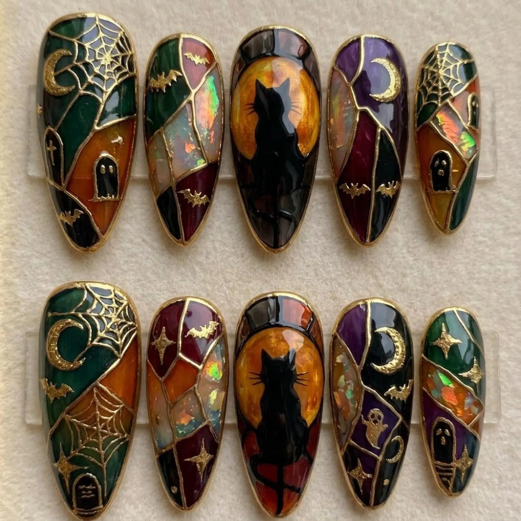 Handmade Stained Glass Black Cat Nails, Spooky Halloween Mosaic False Nails
