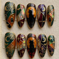 Handmade Stained Glass Black Cat Nails, Spooky Halloween Mosaic False Nails