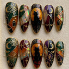 Handmade Stained Glass Black Cat Nails, Spooky Halloween Mosaic False Nails