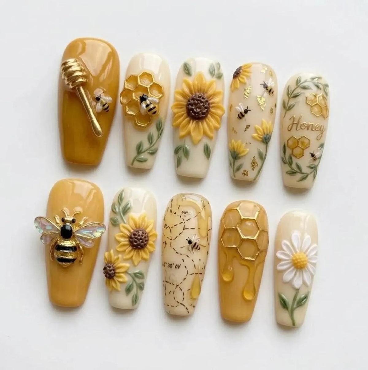 Handmade Cottagecore Honeybee Press On Nails | Luxury 3D Sunflower & Daisy Flower Art | Vintage Golden Honey Dipper Custom Nails Set