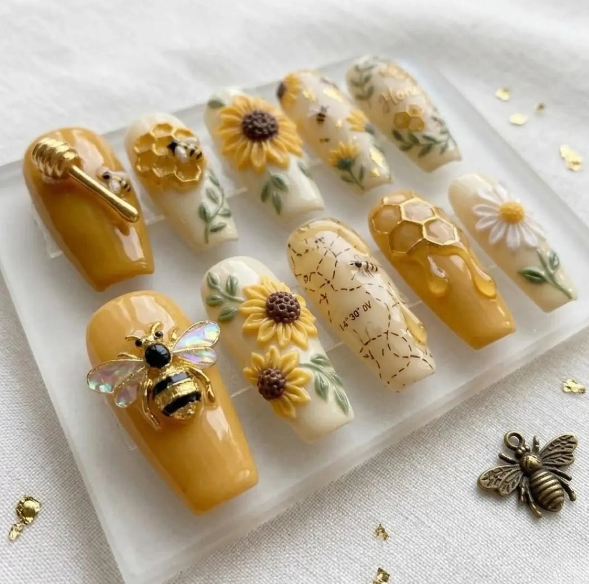 Handmade Cottagecore Honeybee Press On Nails | Luxury 3D Sunflower & Daisy Flower Art | Vintage Golden Honey Dipper Custom Nails Set