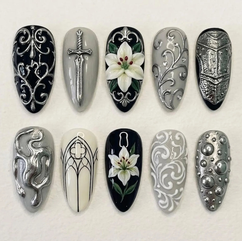 Handcrafted 3D Gothic Press On Nails, Silver Sword Luxury Nail Set, White Lily Accents, Nails For Bold Medieval Dark Fantasy Armor Vibes