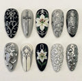 Handcrafted 3D Gothic Press On Nails, Silver Sword Luxury Nail Set, White Lily Accents, Nails For Bold Medieval Dark Fantasy Armor Vibes
