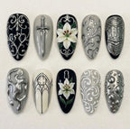 Handcrafted 3D Gothic Press On Nails, Silver Sword Luxury Nail Set, White Lily Accents, Nails For Bold Medieval Dark Fantasy Armor Vibes