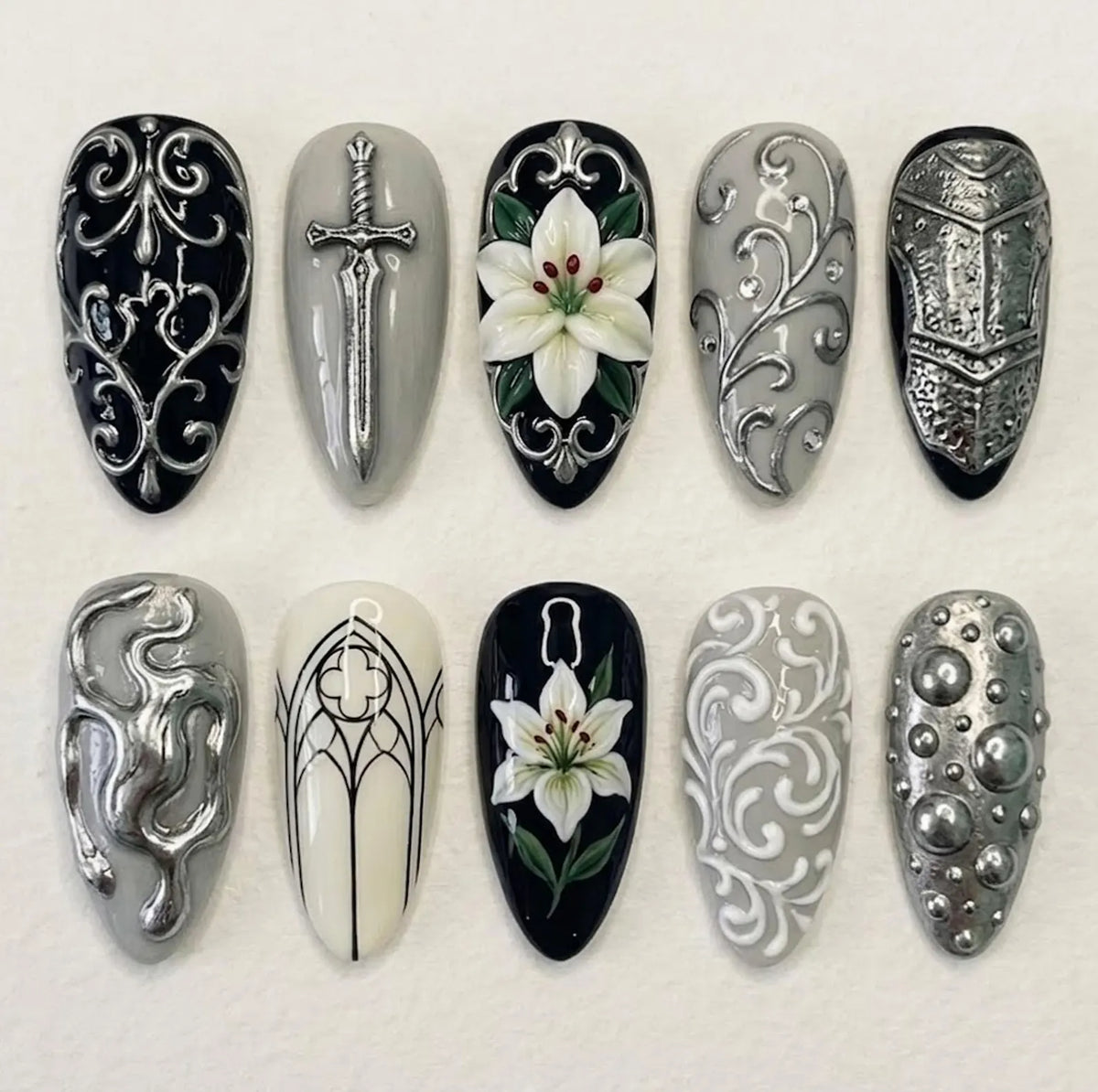Handcrafted 3D Gothic Press On Nails, Silver Sword Luxury Nail Set, White Lily Accents, Nails For Bold Medieval Dark Fantasy Armor Vibes