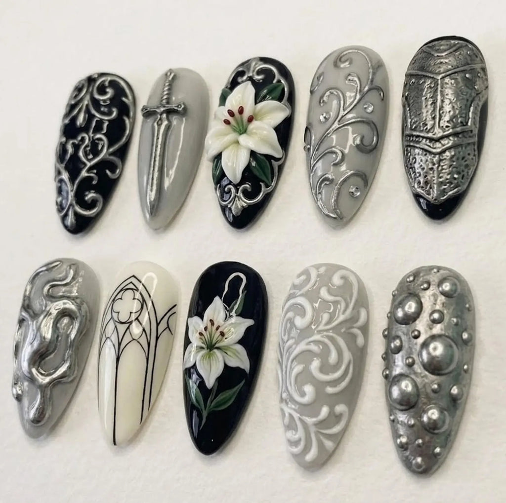 Handcrafted 3D Gothic Press On Nails, Silver Sword Luxury Nail Set, White Lily Accents, Nails For Bold Medieval Dark Fantasy Armor Vibes