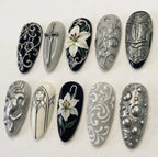 Handcrafted 3D Gothic Press On Nails, Silver Sword Luxury Nail Set, White Lily Accents, Nails For Bold Medieval Dark Fantasy Armor Vibes
