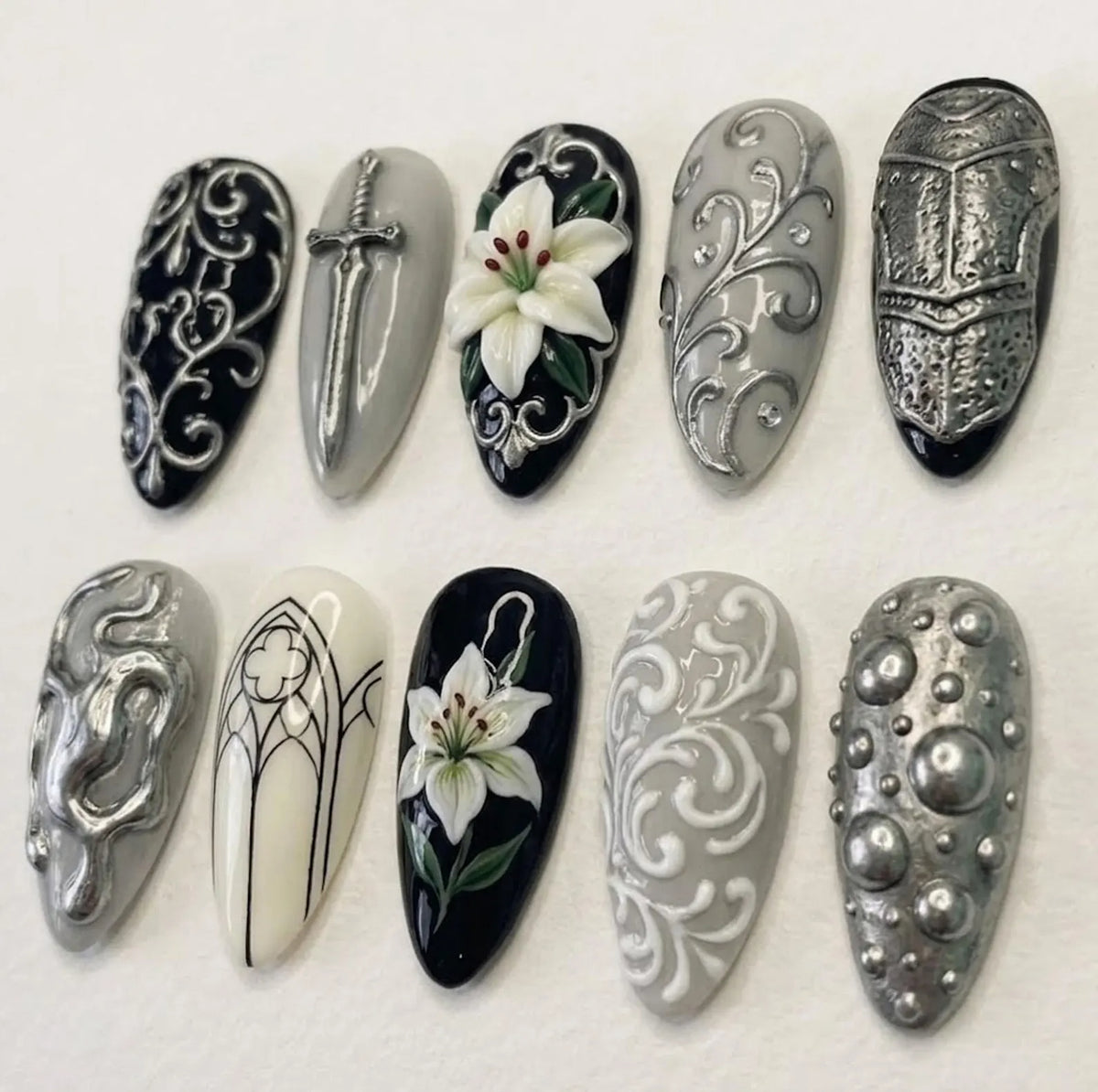 Handcrafted 3D Gothic Press On Nails, Silver Sword Luxury Nail Set, White Lily Accents, Nails For Bold Medieval Dark Fantasy Armor Vibes