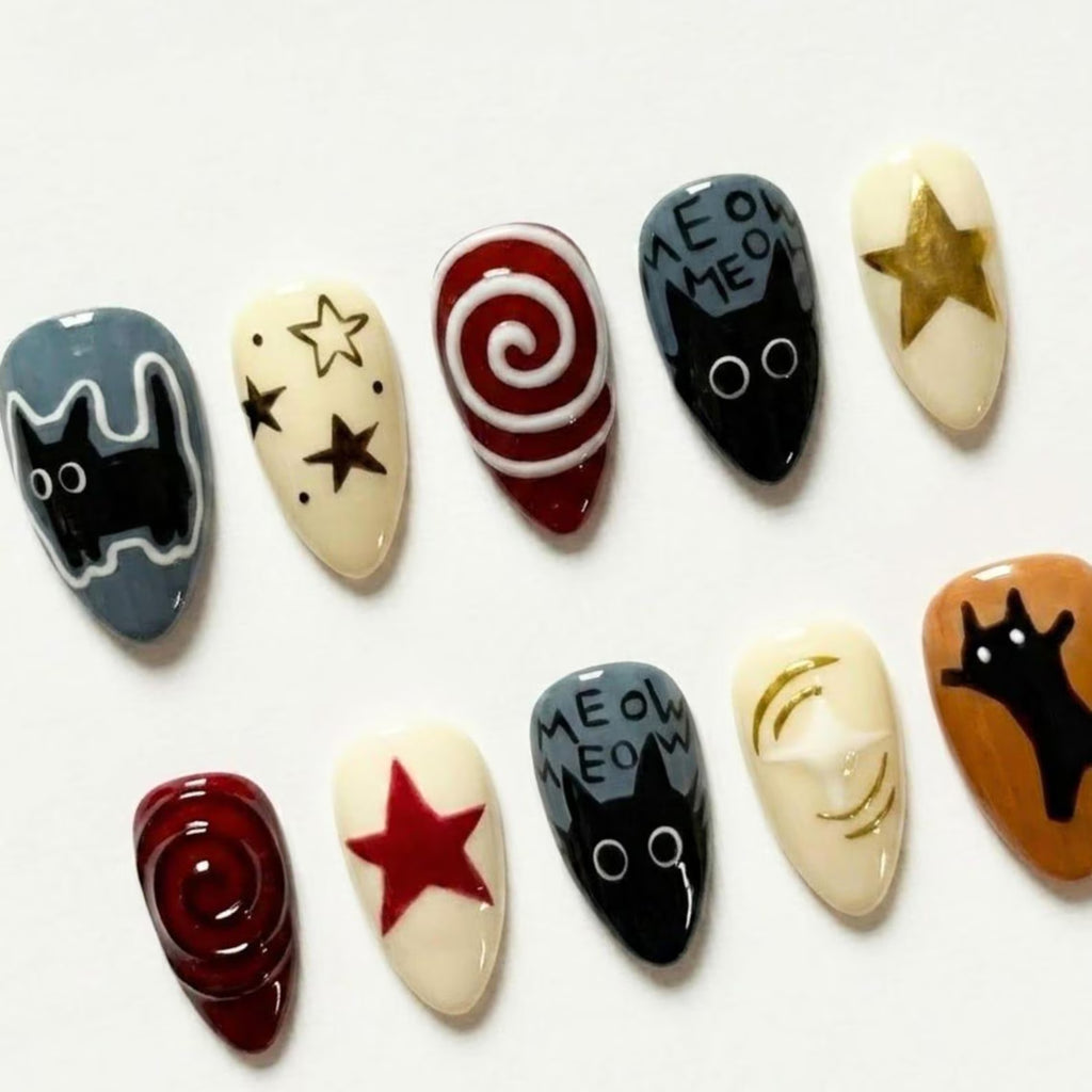 Black Cat Almond Press On Nails | Retro Star Swirl Meow Nail Art