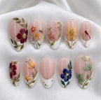 Handmade Floral Garden Press On Nails, Elegant Summer French Tip Fake Nails