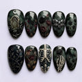 Gothic Skeleton Rose Press on Nails | Dark Smoke Witchy Fake Nails | 3D Moth Tombstone Oval Glue on Nails Handmade Luxury Custom Set