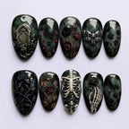 Gothic Skeleton Rose Press on Nails | Dark Smoke Witchy Fake Nails | 3D Moth Tombstone Oval Glue on Nails Handmade Luxury Custom Set