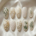 Handmade Ivory Bridal Press On Nails | Elegant 3D White Flower & Pearl Art | Vintage Lace Embroidery Wedding Custom Gel Nails Set
