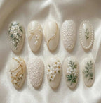 Handmade Ivory Bridal Press On Nails | Elegant 3D White Flower & Pearl Art | Vintage Lace Embroidery Wedding Custom Gel Nails Set