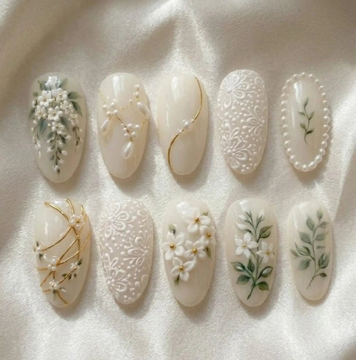 Handmade Ivory Bridal Press On Nails | Elegant 3D White Flower & Pearl Art | Vintage Lace Embroidery Wedding Custom Gel Nails Set