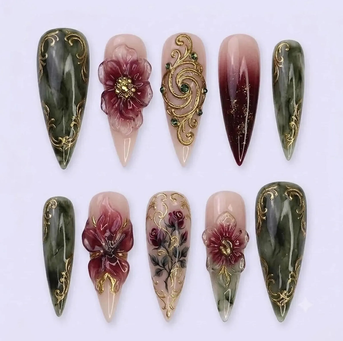 Handmade Royal Gothic Press On Nails, 3D Burgundy Rose Nail Set, Vintage Gold Baroque Filigree, Dark Romance Luxury Vibes