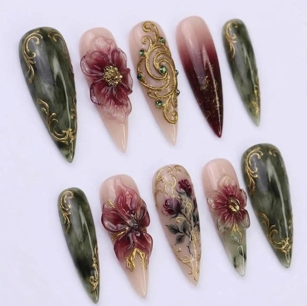 Handmade Royal Gothic Press On Nails, 3D Burgundy Rose Nail Set, Vintage Gold Baroque Filigree, Dark Romance Luxury Vibes