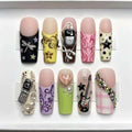 Y2K Aesthetic Press On Nails | Retro Rock Guitar False Nails | 3D Flip Phone Fake Nails | Cyber Punk Music Star Glue Ons