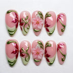 Hand-Painted Pink Floral Almond Press On Nails, 3D Garden Art Set