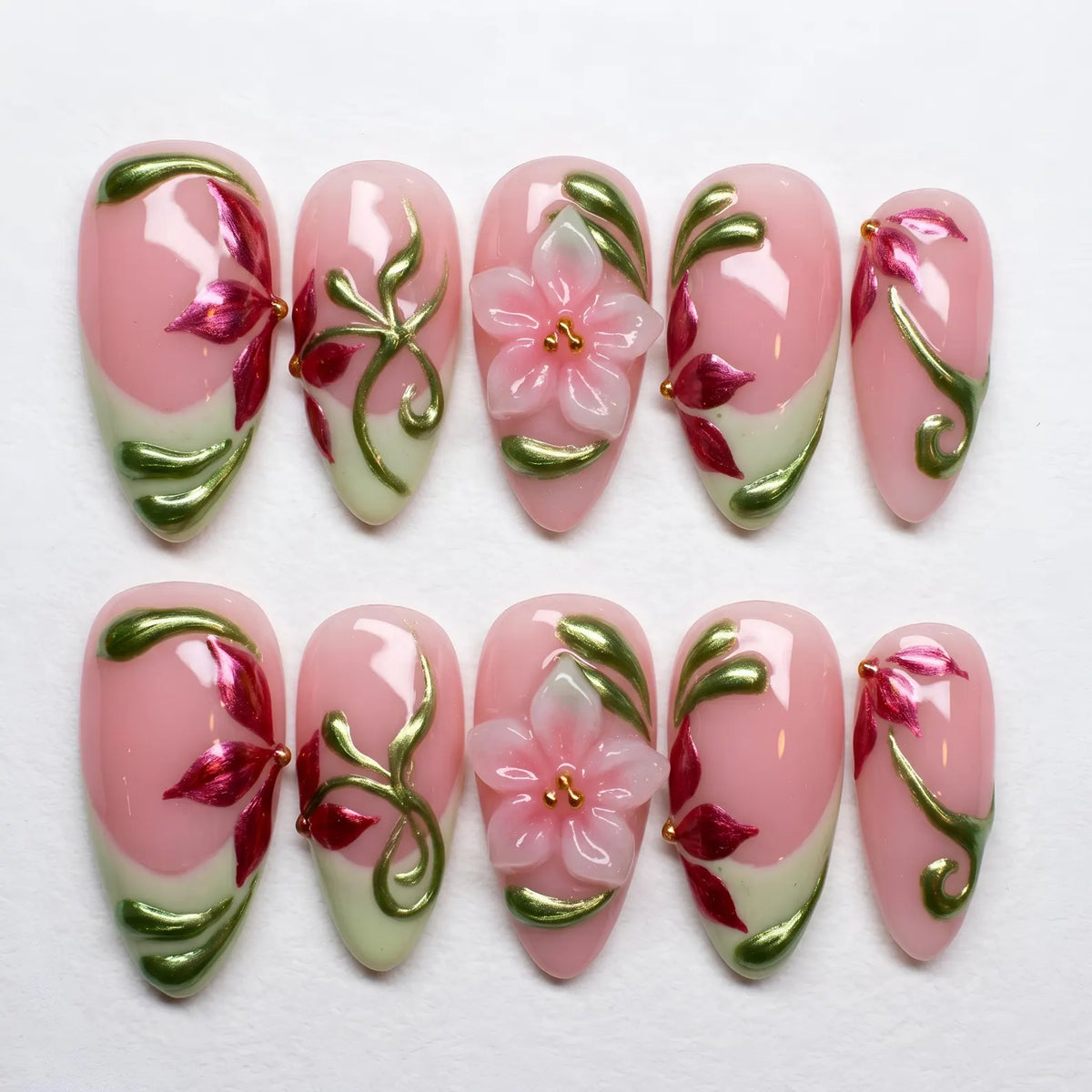 Hand-Painted Pink Floral Almond Press On Nails, 3D Garden Art Set