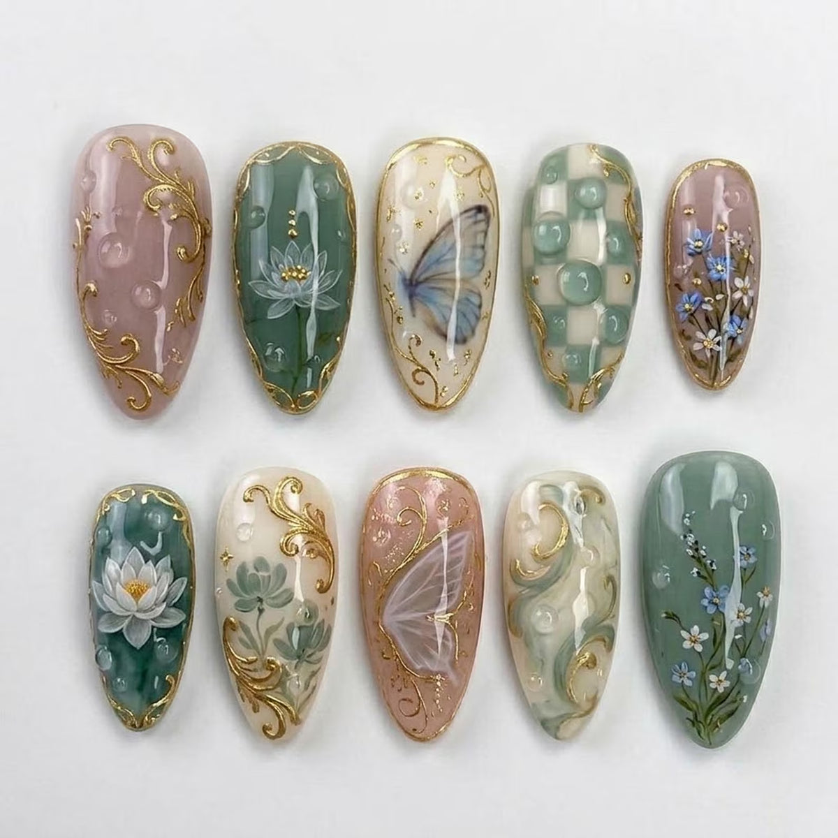Handmade Lotus Butterfly Press On Nails | Luxury 3D Floral Garden Art | Sage Green Cottagecore Custom Nails Set