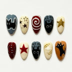 Black Cat Almond Press On Nails | Retro Star Swirl Meow Nail Art