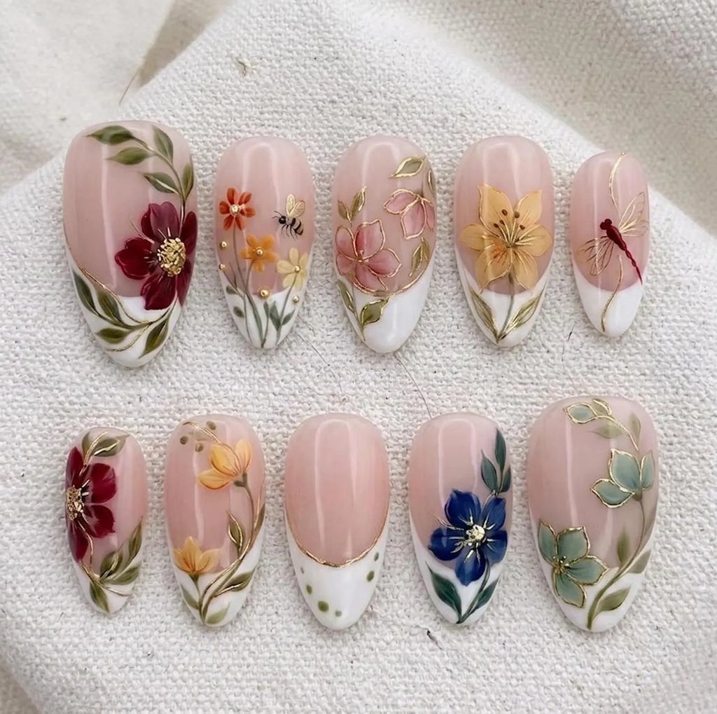 Handmade Floral Garden Press On Nails, Elegant Summer French Tip Fake Nails