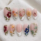 Handmade Floral Garden Press On Nails, Elegant Summer French Tip Fake Nails