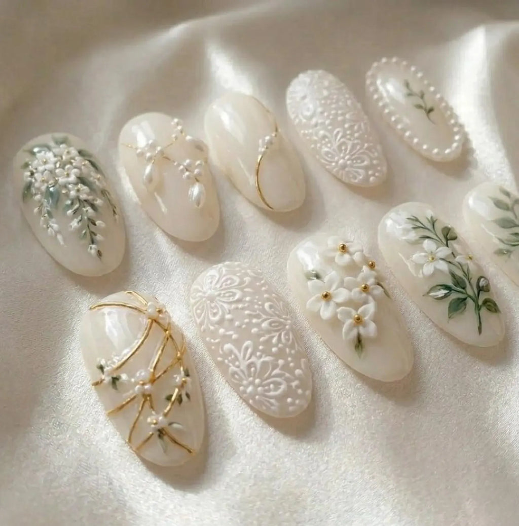Handmade Ivory Bridal Press On Nails | Elegant 3D White Flower & Pearl Art | Vintage Lace Embroidery Wedding Custom Gel Nails Set