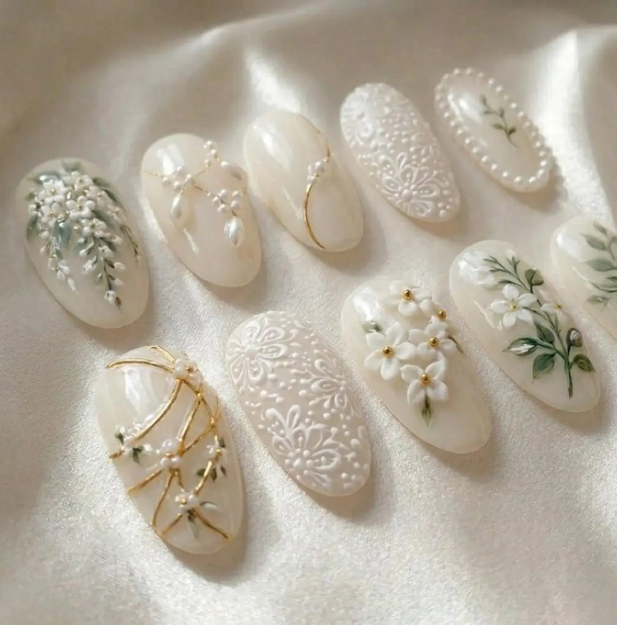 Handmade Ivory Bridal Press On Nails | Elegant 3D White Flower & Pearl Art | Vintage Lace Embroidery Wedding Custom Gel Nails Set