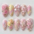 Luxury Coquette Press On Nails | 3D Rose & Iridescent Butterfly Art | Romantic Pink Princess Nails