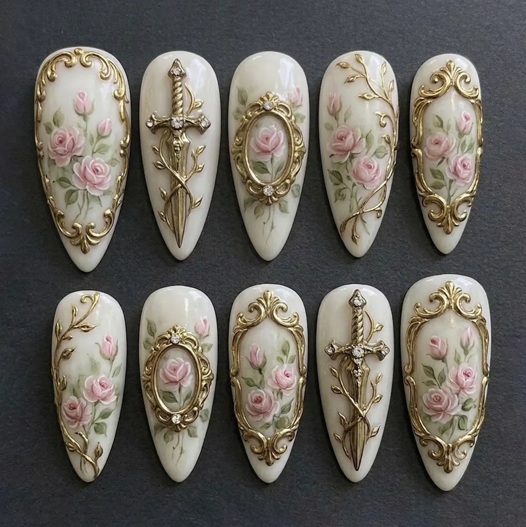 Victorian Rose Press On Nails | Vintage Gold Frame & Sword Nail Art | Handmade Romantic Luxury Set