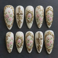 Victorian Rose Press On Nails | Vintage Gold Frame & Sword Nail Art | Handmade Romantic Luxury Set