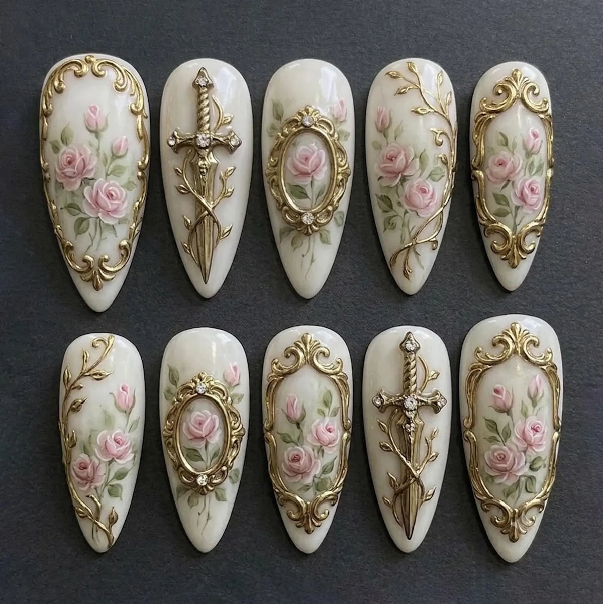 Victorian Rose Press On Nails | Vintage Gold Frame & Sword Nail Art | Handmade Romantic Luxury Set