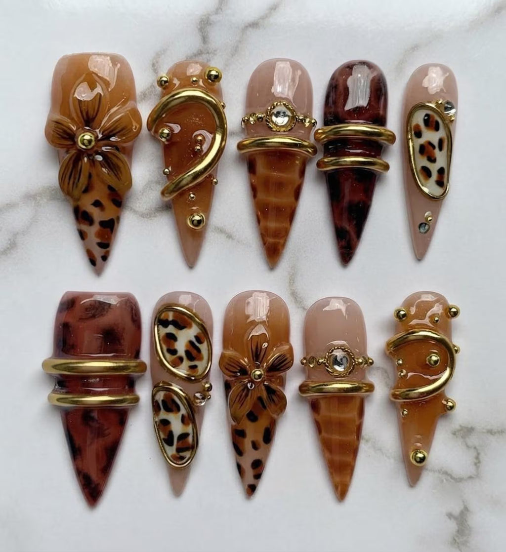 Brown Leopard Press On Nails | Luxury 3D Flower Gold Chrome Stiletto Nails | Handmade Animal Print False Nails | Reusable Glam Nail Set