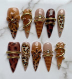 Brown Leopard Press On Nails | Luxury 3D Flower Gold Chrome Stiletto Nails | Handmade Animal Print False Nails | Reusable Glam Nail Set