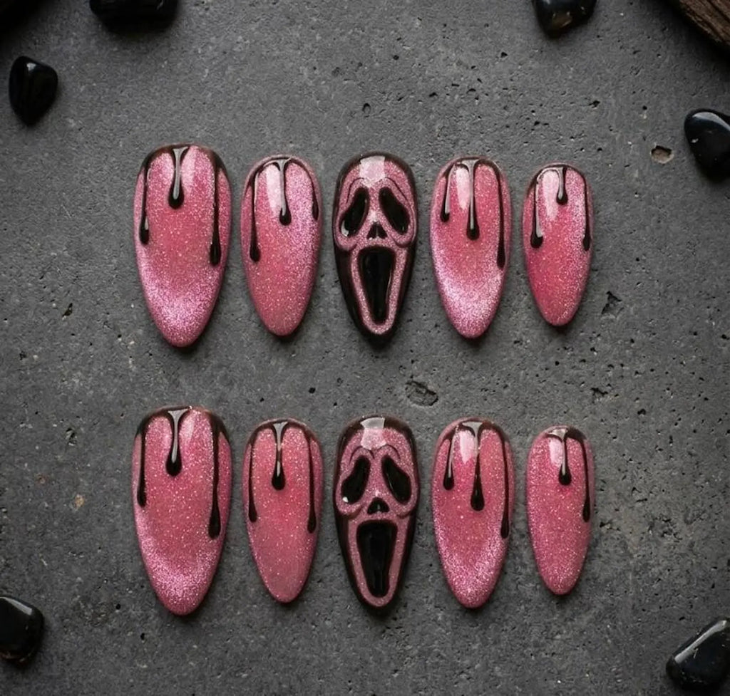 Pink Glitter Drip Press On Nails, Horror Ghost Face Halloween Set