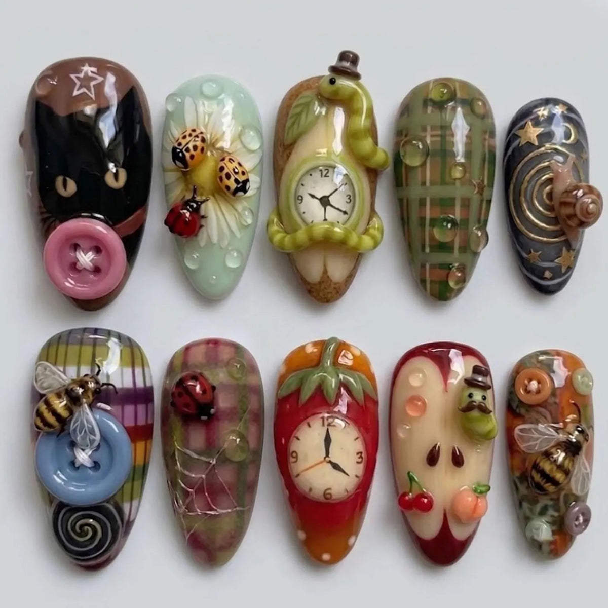 Handmade Whimsical Cottagecore Press On Nails | 3D Caterpillar, Bee, Bug & Clock Art | Vintage Plaid, Cat Button Designs