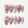 Hand Painted Press On Nails: Pink Flowers Cat Eye, Reusable Faux Nails
