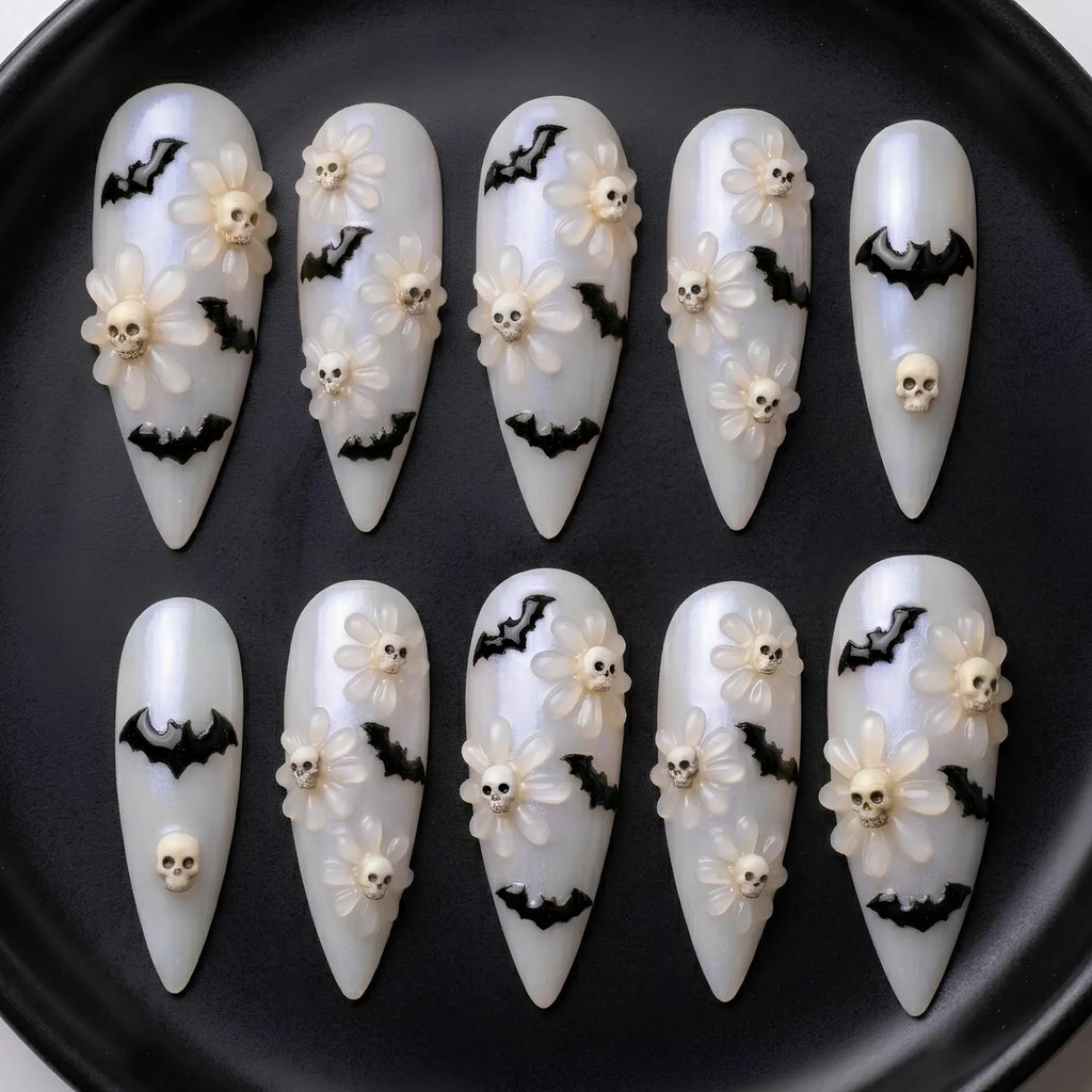 3D Whimsical Goth Skull & Daisy Press On Nails | Iridescent Pearl Creepy Bat Nail Art