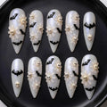 3D Whimsical Goth Skull & Daisy Press On Nails | Iridescent Pearl Creepy Bat Nail Art