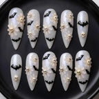 3D Whimsical Goth Skull & Daisy Press On Nails | Iridescent Pearl Creepy Bat Nail Art