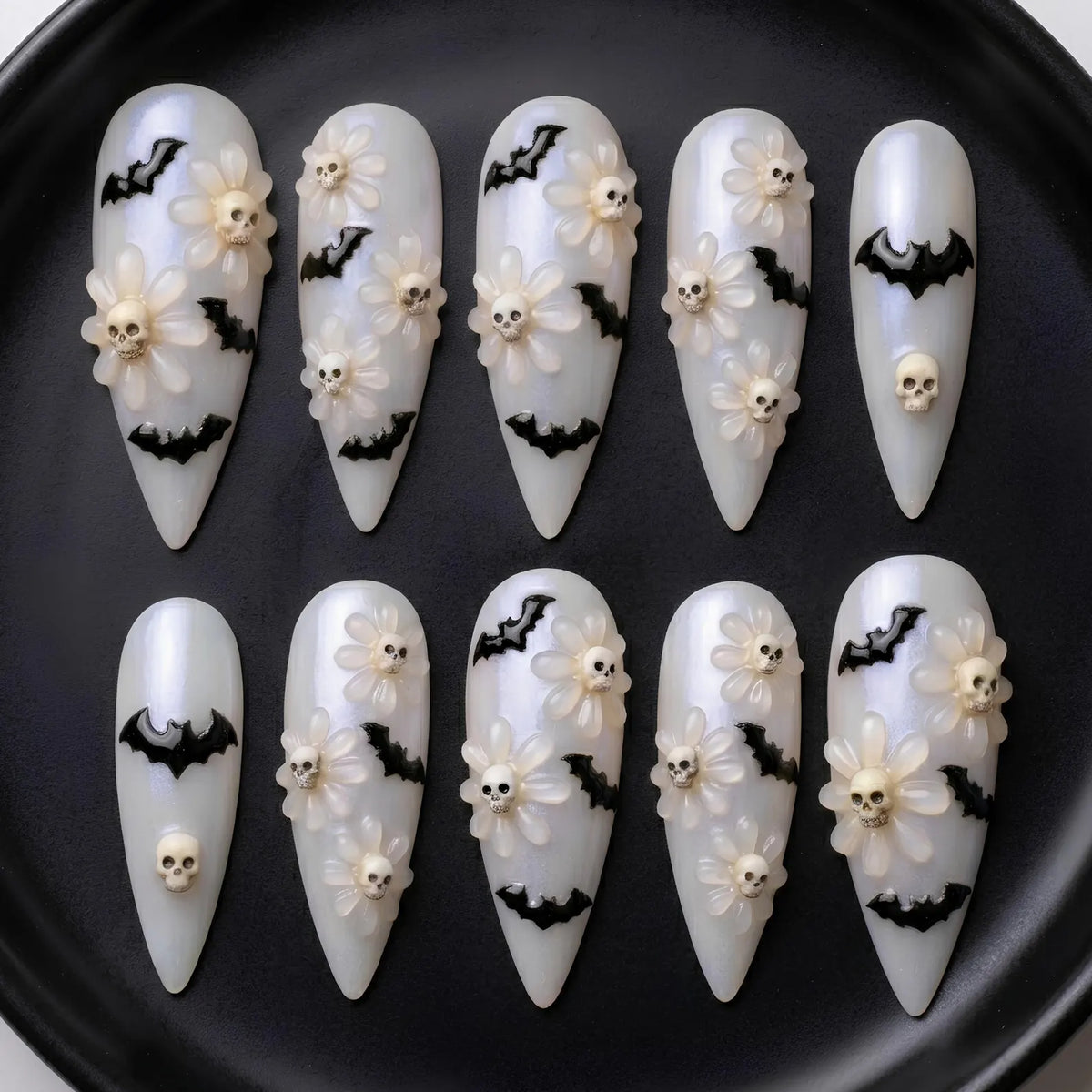 3D Whimsical Goth Skull & Daisy Press On Nails | Iridescent Pearl Creepy Bat Nail Art