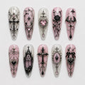 Pink Gothic Press On Nails, Coquette Goth Fake Nails, Cross Heart Charm Nail Art, Handmade Reusable Luxury Nails