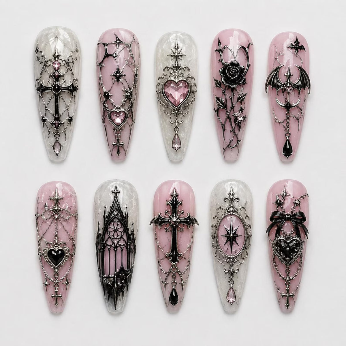 Pink Gothic Press On Nails, Coquette Goth Fake Nails, Cross Heart Charm Nail Art, Handmade Reusable Luxury Nails