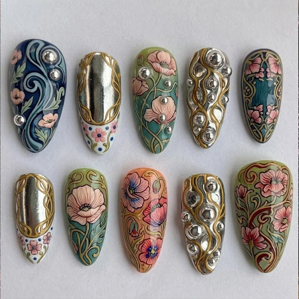 Art Nouveau Press On Nails / Vintage Floral Fake Nails / Gold Chrome Luxury Nails / Elegant Flower Nails / Handmade Acrylic Nail Set