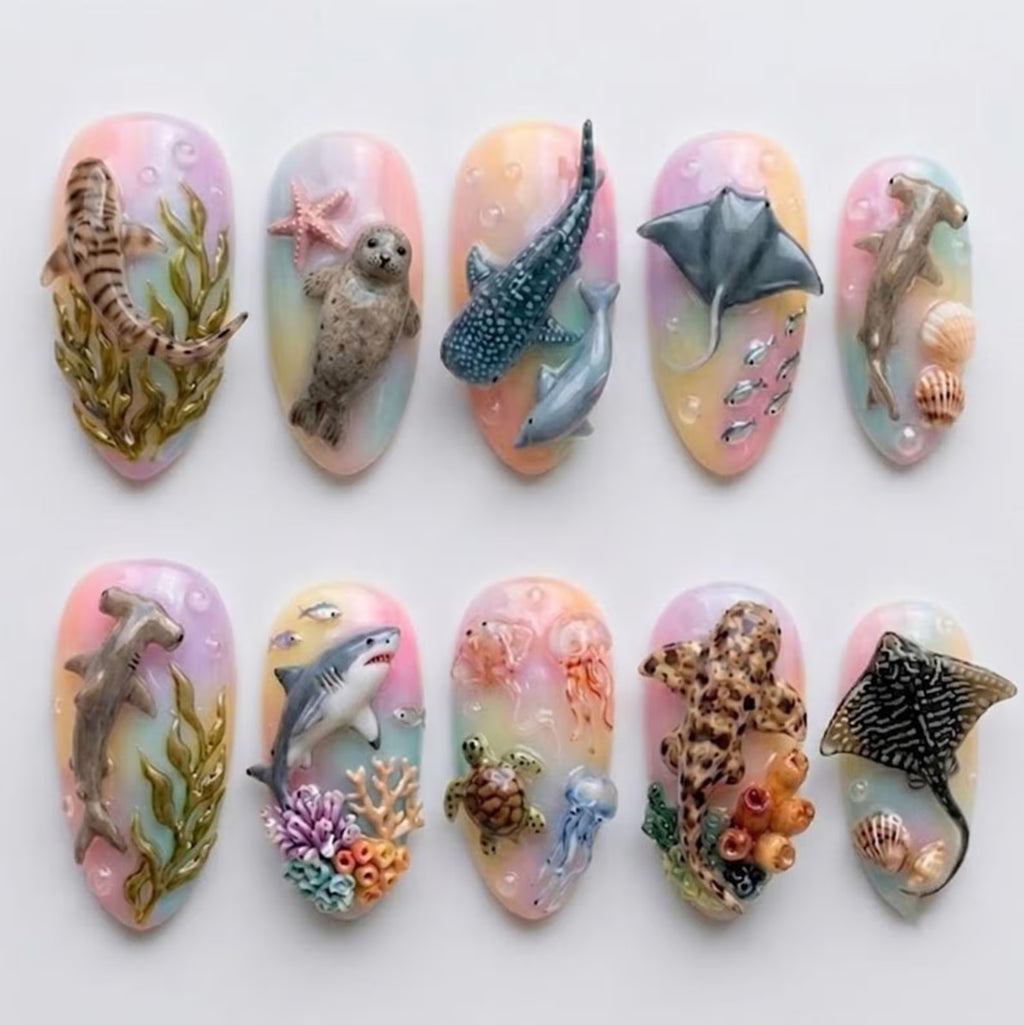 Handmade 3D Marine Life Press On Nails | Pastel Ocean Aquarium Art