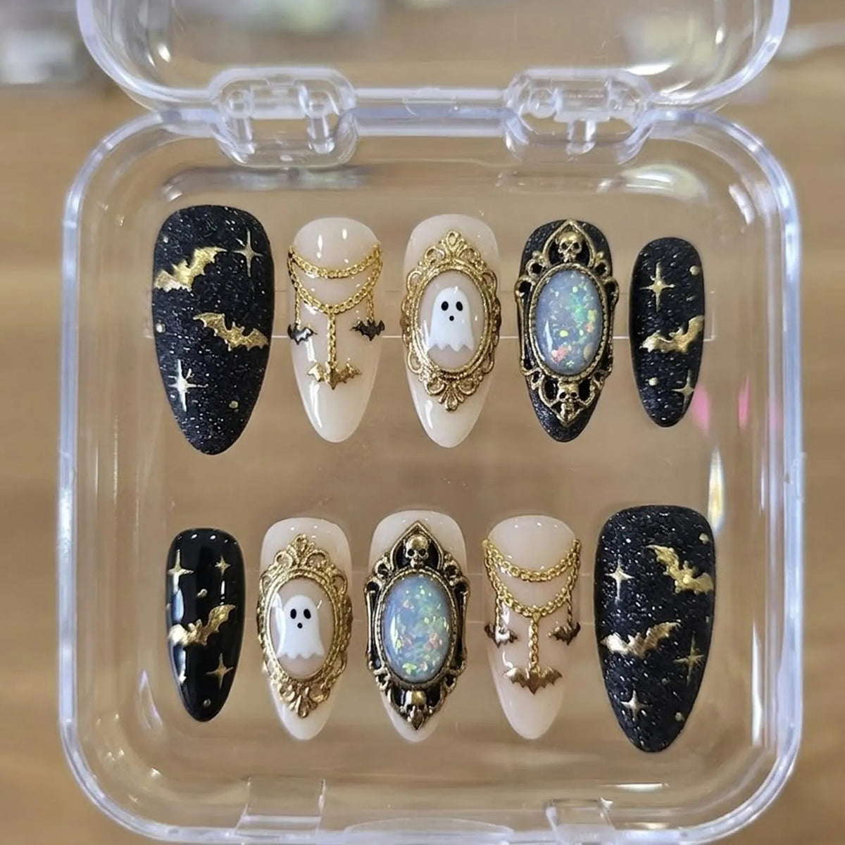 Handmade Halloween Press On Nails | Ghost, Gold Bats & Gothic Frame Charms, Black Almond Nails for Spooky Gothic Style
